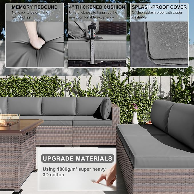 Kullavik 15PCS Outdoor Patio Furniture Set with 43" 55000BTU Gas Propane Fire Pit Table PE Wicker Rattan Sectional Sofa Patio Conversation Sets w/8 Coner Sofas,Grey