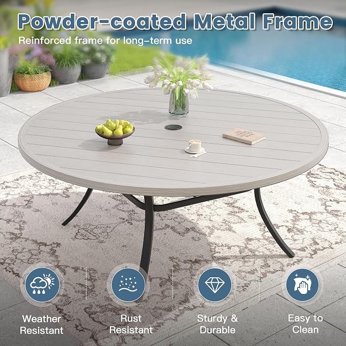 DIFY 9 Piece Outdoor Patio Dining Set for 8, 63" Grey Wood-Like Round Metal Dining Table and Swivel Patio Chairs with Sandshell Padded Textilene, All-Weather Outdoor Furniture Set for Garden Backyard