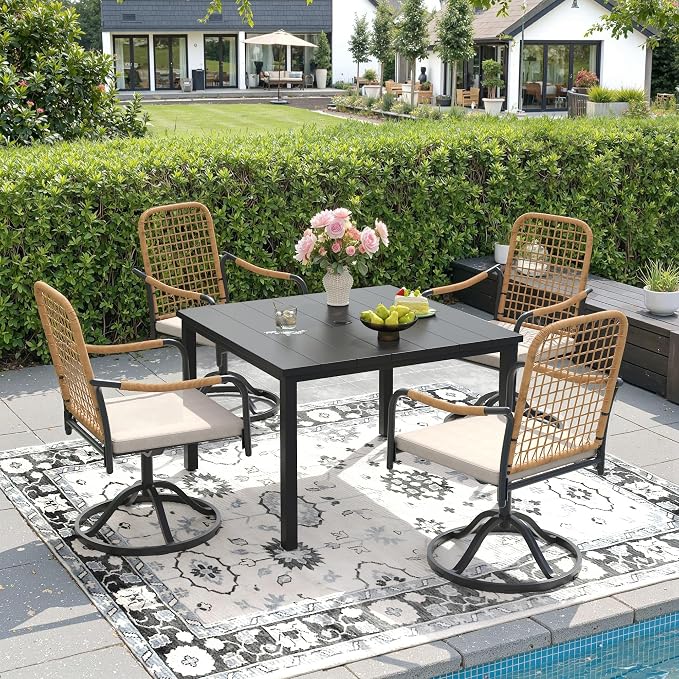 DIFY 5 Pieces Outdoor Dining Set, Metal Patio Table and Chairs Set for 4, 40.2" Square Dining Table with Umbrella Hole & Wicker Swivel Patio Chairs with Cushions, Black Tabletop