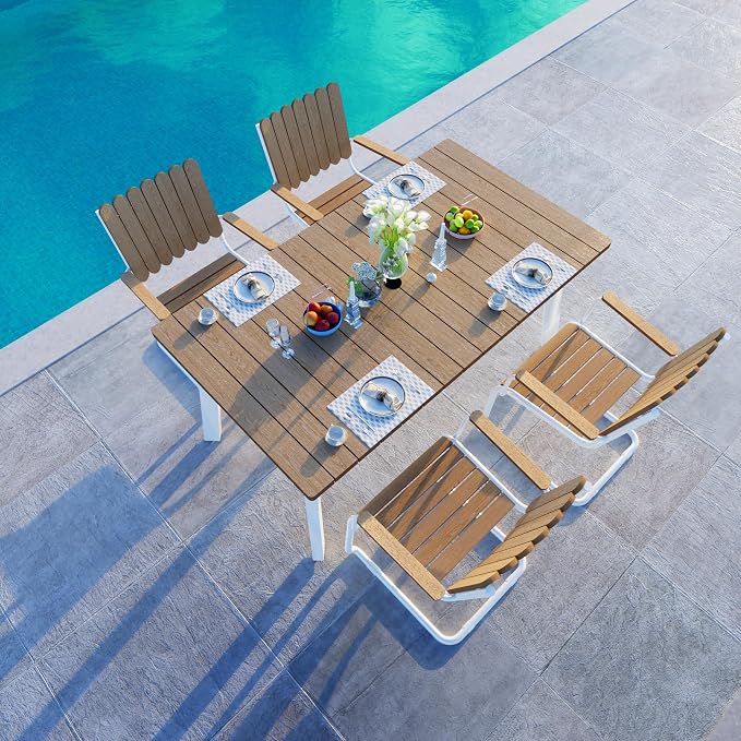 Outdoor Dining Set for 4, Patio Table and Chairs Set with Umbrella Hole, 5 Pieces All-Weather HDPE Outdoor Furniture Sets for Backyard Poolside Lawn Garden (White & Teak)