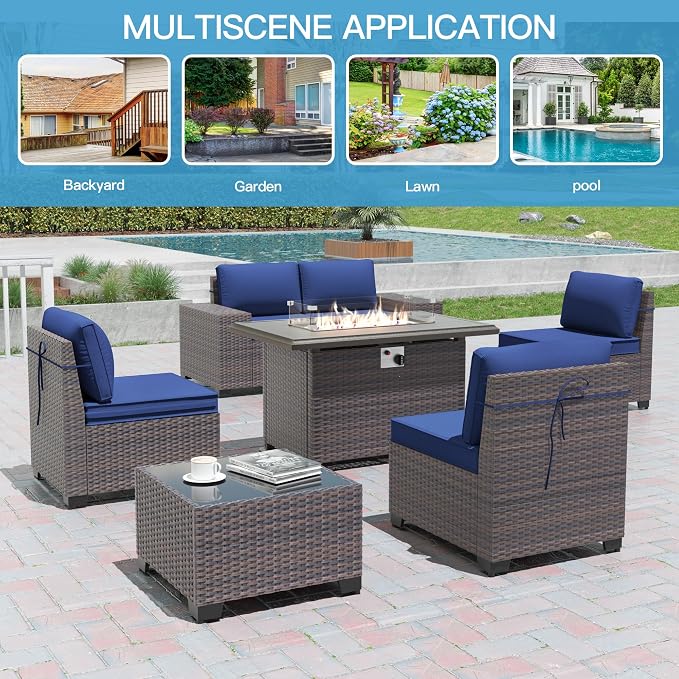 7 Pieces Outdoor Patio Furniture Set with 43"/55000BTU Gas Fire Pit Table,PE Rattan Wicker Outdoor Conversation Sofa Set Non-Slip Cushions Waterproof Covers for Backyard,Poolside,Garden,Navy