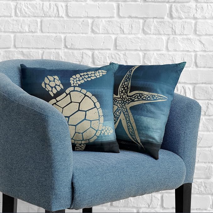 Coastal Starfish Sea Turtle Decorative Pillow Covers Blue Linen Square Pillowcase 22x22 Beach Nautical Theme Cushion Covers for Living Room Couch Outdoor Pack of 2