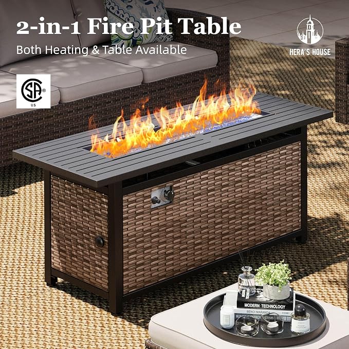HERA'S HOUSE Wicker Patio Furniture Set with Fire Pit Table, Outdoor Rattan Conversation Sofa Sets for Lawn Yard