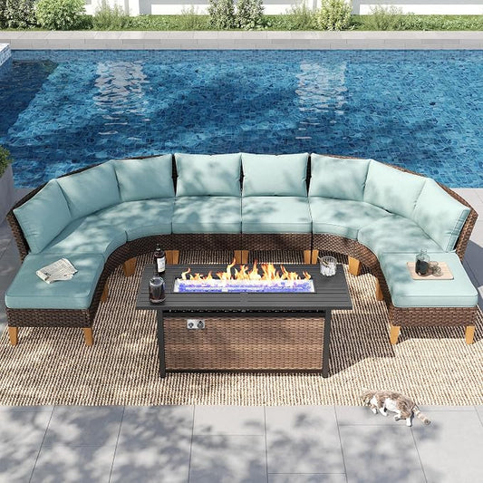PHI VILLA 7-Piece Half Moon Patio Furniture Set with 56" Fire Pit Table, Outdoor Wicker Sectional Sofa with Cushions, Large Curved Conversation Seating for Garden or Backyard, Aqua Blue