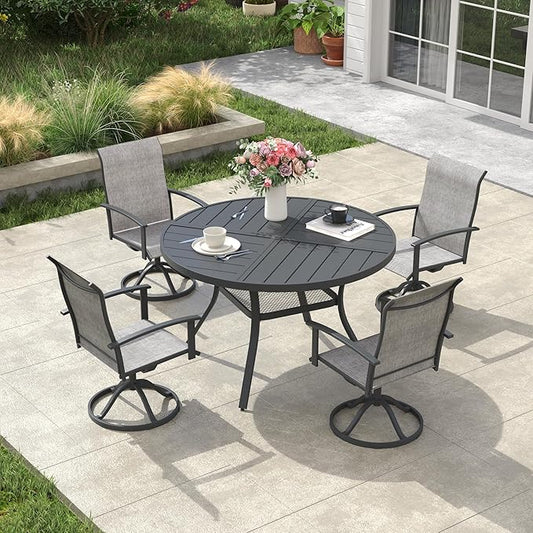 VICLLAX Outdoor Table and Chairs Set for 4, Patio Dining Set of 40.6" Metal Round Patio Table with Umbrella Hole & 4 Swivel Outdoor Dining Chairs for Backyard Lawn, Grey & Dark Grey
