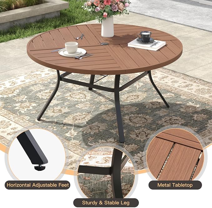 7 Pieces Round Outdoor Table and Chairs Set, Patio Dining Set with 50" Round Spliced Outdoor Table and Patio Swivel Chairs for Backyard Lawn Garden, Walnut Table and Mixed Brown Chairs