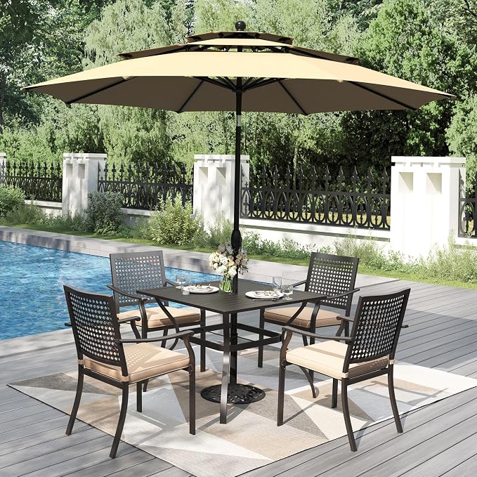 PHI VILLA Outdoor Table Chairs Set w/Umbrella, 5pc Patio Metal Furniture | 37" wrought iron square table & stackable chairs for 4. 10ft beige umbrella. Dining set for deck, porch, backyard.