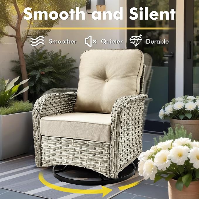 CAODOC 9-Piece Outdoor Sectional Sofa Set w/ 42" Fire Pit – L-Shaped Wicker Patio Furniture, Deep Seating & Swivel Rockers,Beige