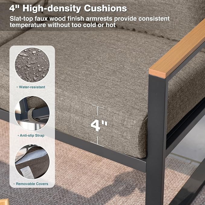 Patio Furniture Set, 4 Pieces Outdoor Patio Furniture with Coffee Table Set, Metal Patio Conversation Sets with Washable and High-Resiliency Sponge Cushions,Coffee