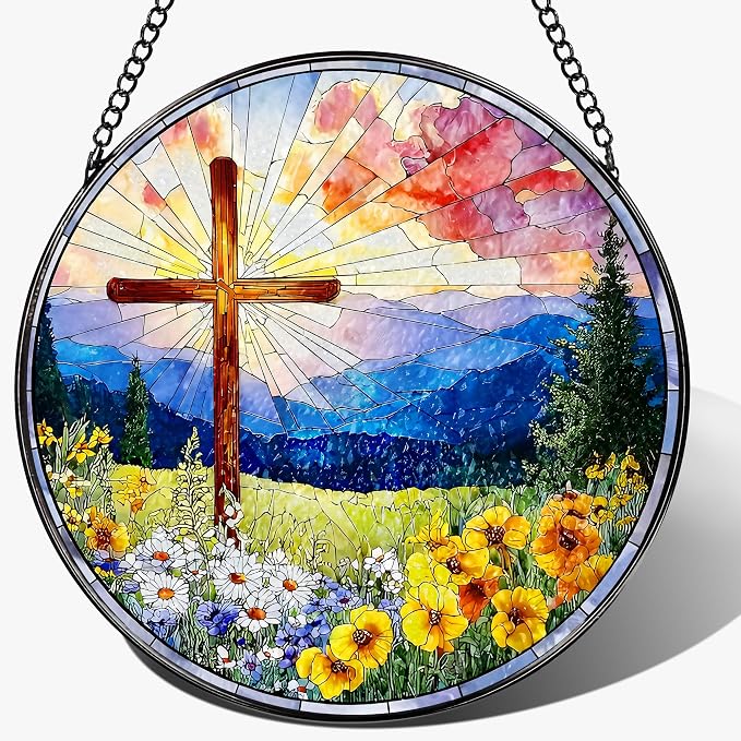 8 Inch Christian Cross Sun Catcher, Stained Glass Window Hanging, Religious Suncatcher for Windows, Sun Catchers Indoor Window, Christian Gifts, Religious Cross Gifts, Faith Home Decor