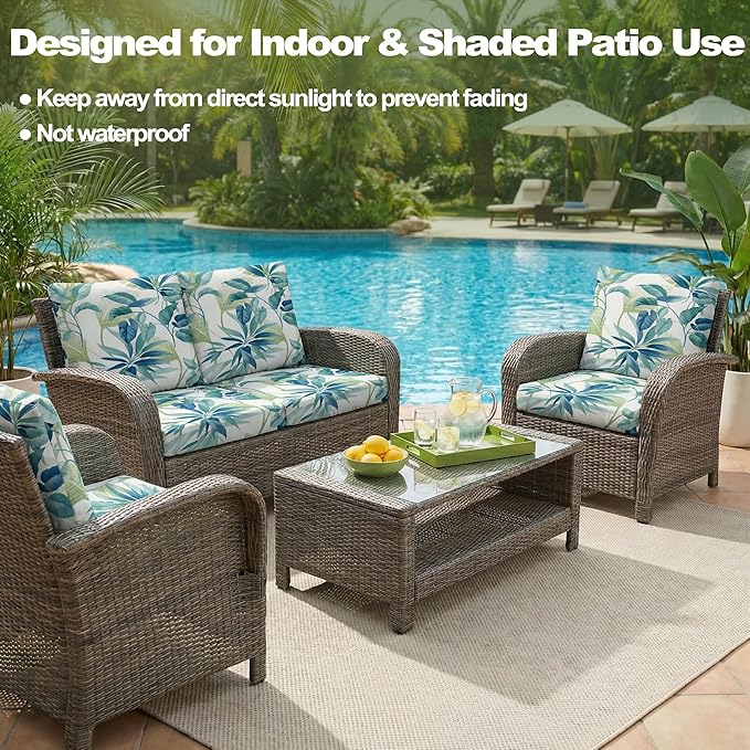 CALBODE 12 Pcs Stretch Outdoor Seat Cushion Covers, Botanical Chair Seat Cover for Patio Furniture Cushions Washable Reusable Indoor and Outdoor Couch Cover Replacement (Blue Leaves, Cover Only)