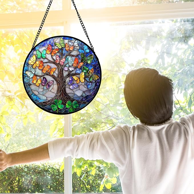 DASTOLL Stained Glass Window Hanging, Butterfly Tree Clover Sun Catchers Glass Panel Blue Suncatcher Decor for Birthday for Women, Men, Wife, Aunt, and Mom 7.8 in