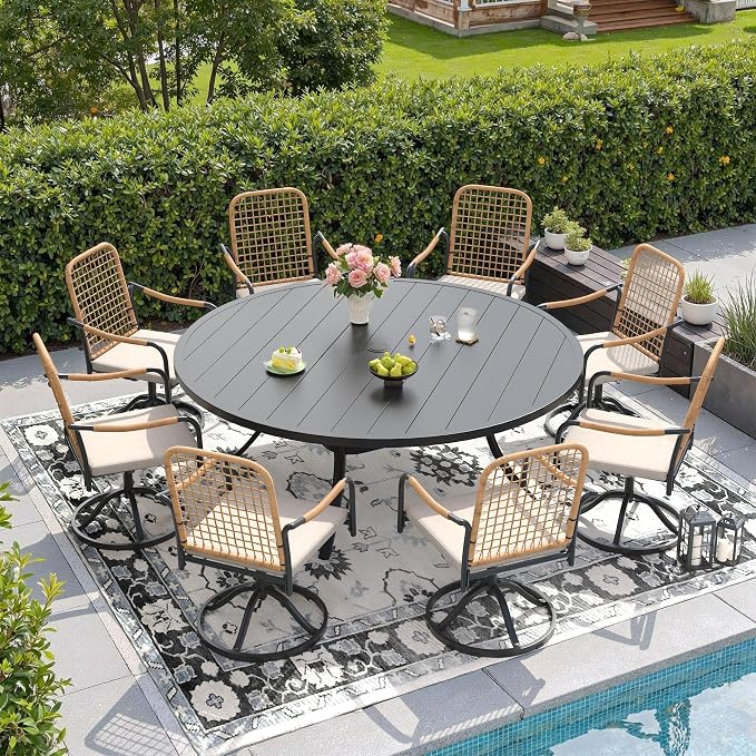 DIFY 9 Pieces Outdoor Dining Set for 8, 63" Round Dining Table with Umbrella Hole & Wicker Swivel Patio Chairs with Cushions, Metal Patio Table and Chairs Set for Backyard Porch Garden, Black