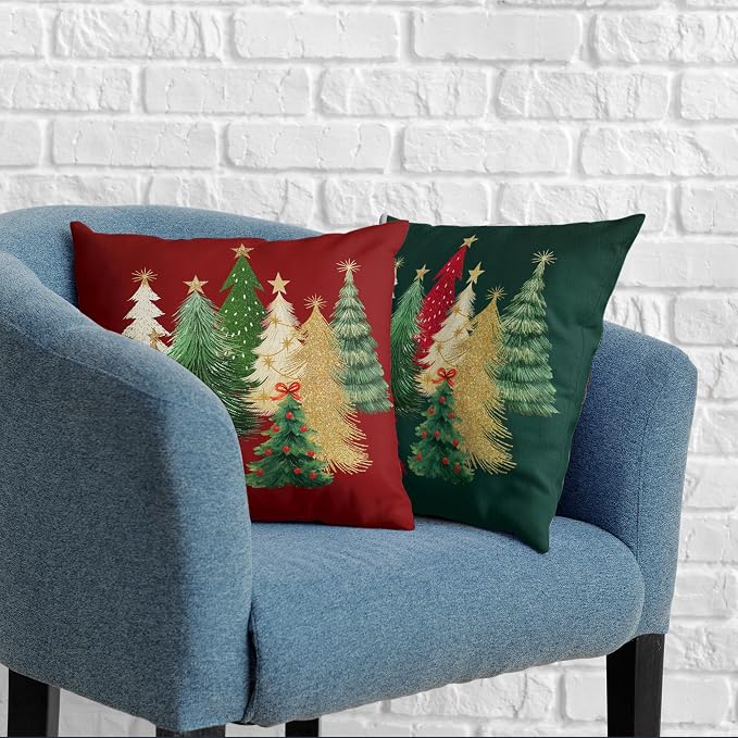 Green and Red Xmas Pillow Covers Set of 2 Colorful Christmas Tree Pillow Case 16x16 Winter Holiday Throw Pillow Cases Cotton Linen Cushion Case for Couch Sofa Home Decor