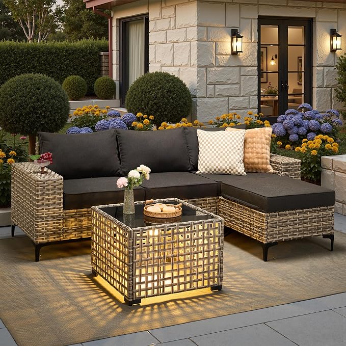 5 Pcs Patio Outdoor Furniture Set - All Weather Wicker Outdoor Sectional Sofa Couch with Coffee Table and Ottoman,Patio Modular Rattan Conversation Set for Garden Deck Yard,Black