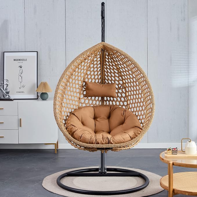 Hanging Egg Swing Chair with Stand, Rattan Wicker Hanging Egg Chair Hammock Indoor with Cushions, Swinging Chair for Bedroom Outdoor Patio Balcony Backyard Sunroom Heavy Duty 350LBS (Yellow)