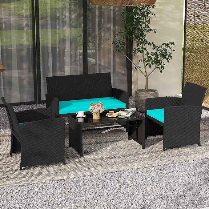 Tangkula 4 Pieces Patio Wicker Furniture Set, Outdoor Heavy Duty Rattan Cushioned Chairs, Loveseat and Tempered Glass Coffee Table, for Backyard, Balcony, Poolside (Turquoised,1)