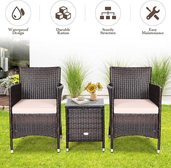Tangkula Patio Furniture Set 3 Piece, Outdoor Wicker Rattan Conversation Set with Coffee Table, Chairs & Thick Cushions, Suitable for Patio Garden Lawn Backyard Pool (Off-White)