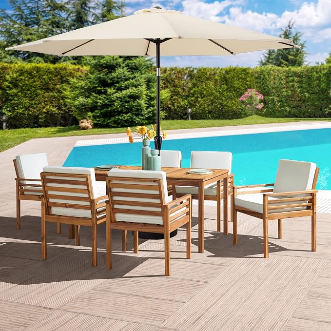 Alaterre Furniture Okemo 8 Piece Outdoor Dining Set with Umbrella - Solid Acacia Wood Outdoor Furniture Set with 63” Patio Table, 6 Patio Chairs, and 10ft Tan Umbrella