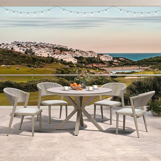 PURPLE LEAF 5 Pieces Oversized Round Dining Set Aluminum Frame and Wicker Rattan Patio Table and Chairs with Cushions for Garden Deck Outdoor Champagne