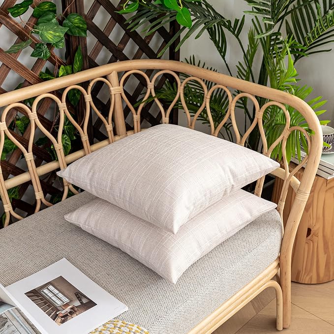 Kevin Textile Outdoor Waterproof 22”x22” Pillow Covers 2 Pack, Light Beige | Water Resistant, Soft Faux Linen-cotton Yarn-dyed Woven Texture Throw Pillow Covers for Tent Patio Garden Couch Sofa