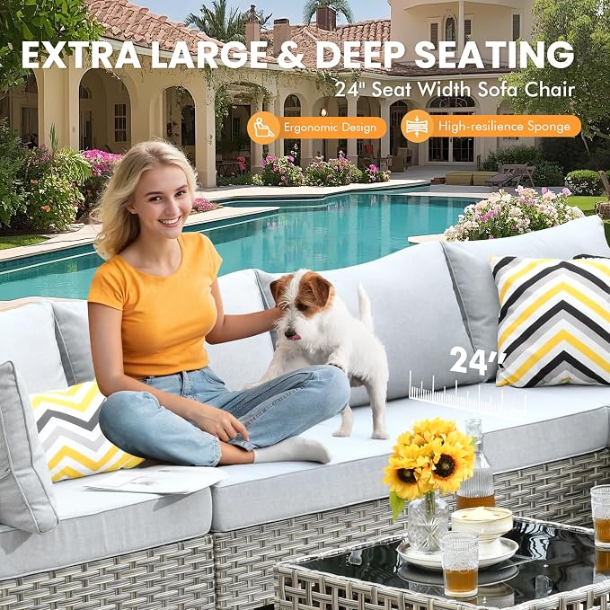Outdoor Sectional Patio Furniture Set with Swivel Rocking Chairs and Glowing Table,8 Pieces Wicker Conversation Sets L Shaped Couch Out Door Sofa Outside Furniture for Garden Deck Yard Porch,Grey