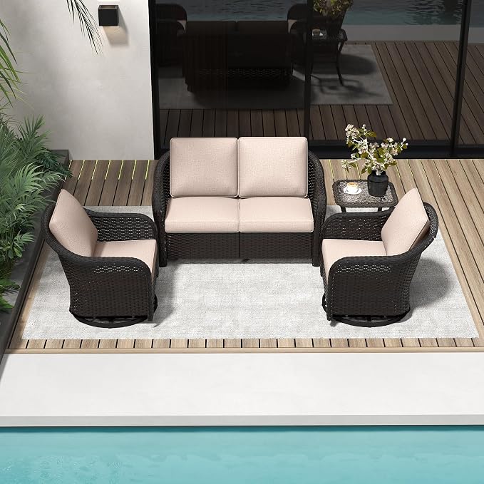 4 PCS Outdoor Conversation Set | 55" Couch, 2 Swivel Chairs, 1 Side Table， Patio Wicker Conversation Furniture with Removable Cushions for Bistro, Deck, Sunroom(Beige)