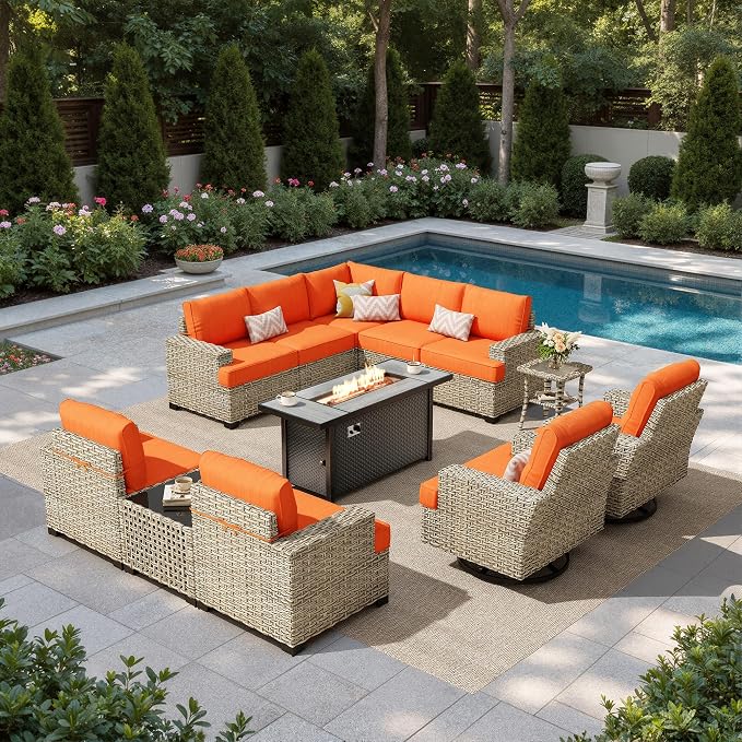 HOOOWOOO Sectional Patio Furniture Set with Fire Pit Table,12 Pieces Wicker Outdoor Furniture L Shaped Couch,Outside Conversation Set Extra Deep Sofa Wide Arm Swivel Chairs Solar Light,Brick Red