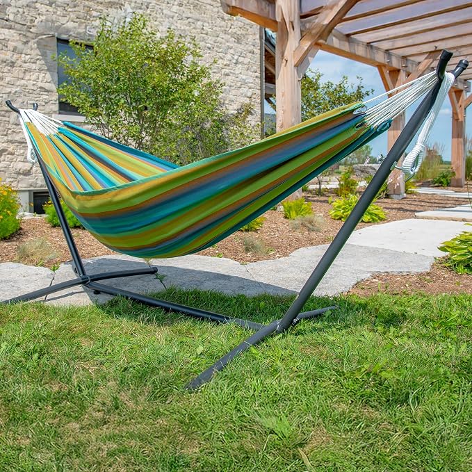 Vivere Brazilian Style Sunbrella Outdoor Double Hammock with Steel Stand, Lagoon