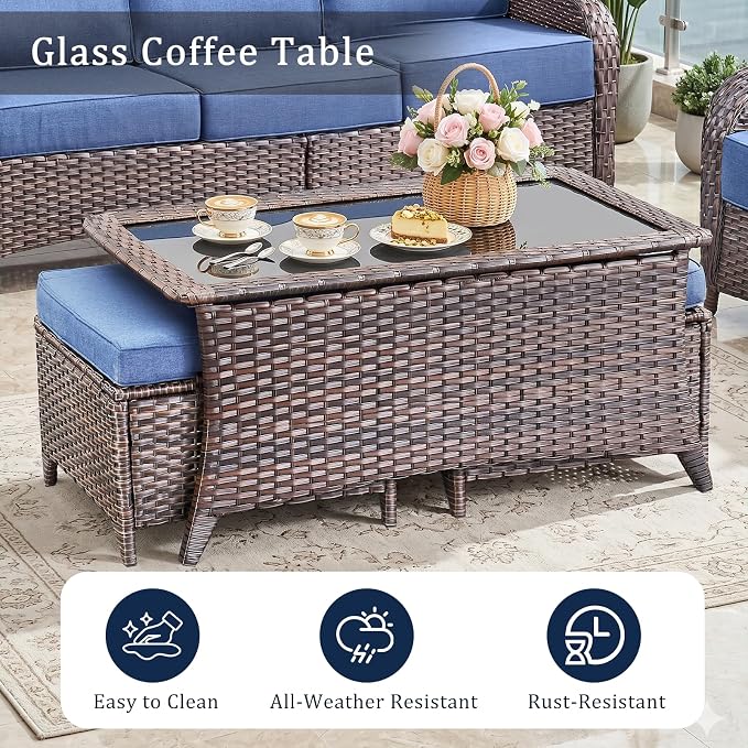 Luxury High Back Outdoor Furniture with 6-Inch Thick Cushions, Patio Furniture Set with Swivel Chairs, 6 PCS Wicker Conversation Set for Porch, Balcony, Deck and Yard