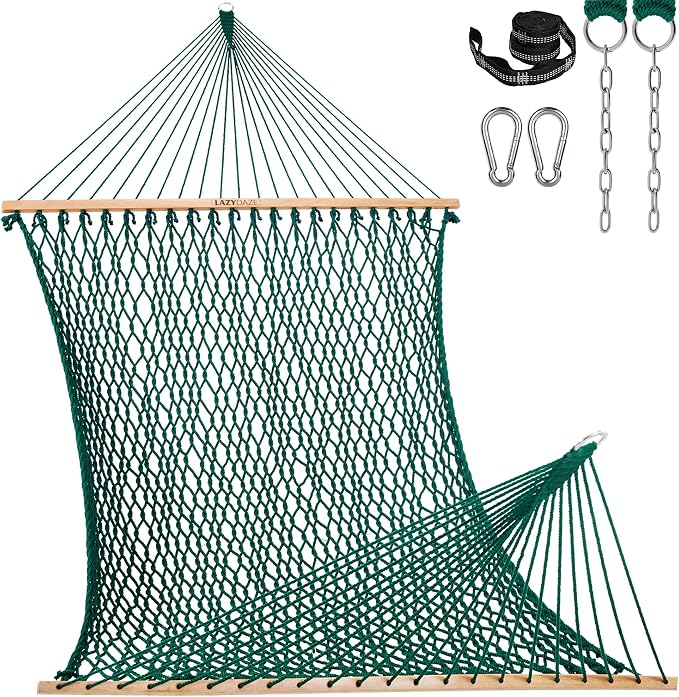 Lazy Daze Hammocks 13-FT Polyester Rope Hammock, Double 2 Person Traditional Hand Woven Outdoor Hammock with Spreader Bar, Carabiners, Tree Straps, Chains for Outside Patio- Max 450 Lbs, Green