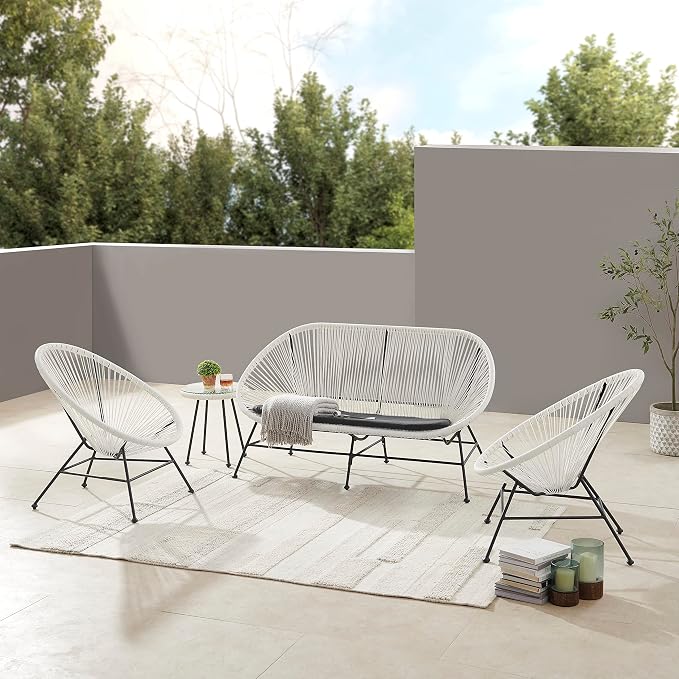 Linon Charleston White Woven Hammock Style Outdoor Chair with Black Metal Frame