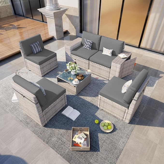 6-Piece Patio Furniture Set, Outdoor Extra Wide Armrest Modular Patio Sofa, Dual-Strand Rattan Wicker, Rust-Resistant Frame, Backyard High Back, Large Seat Furniture for Porch Garden Balcony, Grey