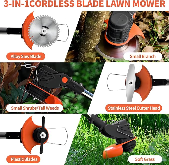 Cordless Weed Wacker, 21V Electric Cordless Weed Eater 3Types Blades and 2×4.0Ah Battery Powered, Adjustable Cutting Angle & Height,3 in 1Stringless Grass Trimmer, Brush Cutter for Lawn Yard Garden