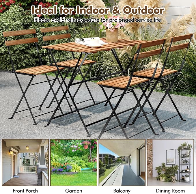 Giantex 5-Piece Outdoor Dining Table Set for 4, Acacia Wood Bistro Table with 4 Folding Patio Chairs, Slatted Seat & Tabletop, Metal Frame, for Yard Porch Garden Poolside (Black + Brown)