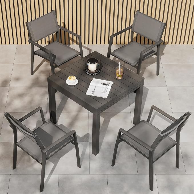 5 Piece Outdoor Dining Set, Expandable Outdoor Patio Dining Table Set for 4-6 Person, Aluminum Outdoor Table and 4 Chairs with Textilene Fabric & Armrest for Patio, Garden, Lawn, Deck(Black)