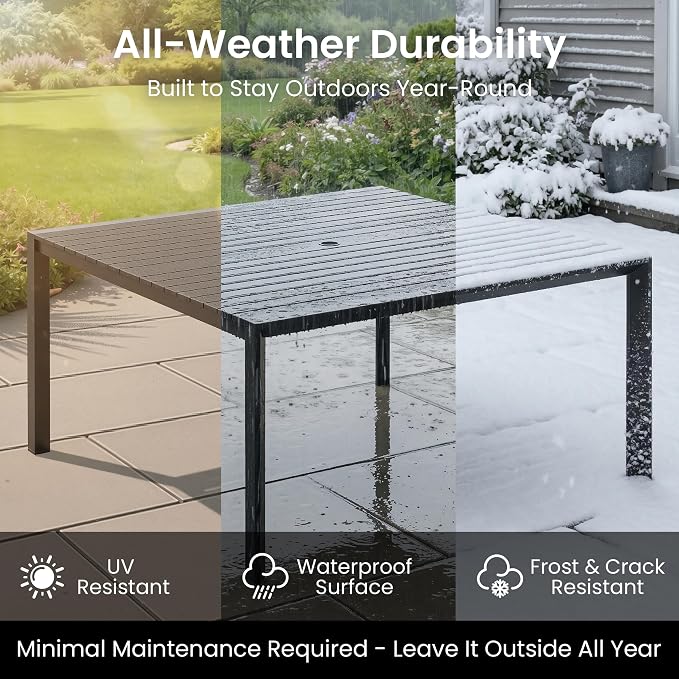 9-Piece Outdoor Dining Set, 56" Square Table and Stackable Arm Chairs | Aluminum Frame Umbrella Hole and All-Weather Wood Grain Patio Furniture for 8 for Garden, Patio, Backyard (Black)