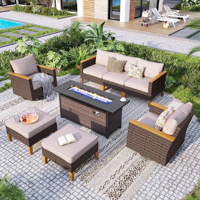 GREEN PARTY 7 Pieces Wicker Patio Furniture Set with 56" Fire Pit Table, All-Weather Outdoor Rattan Patio Sectional Sofa Conversation Set 7 Seats for Garden, Backyard, 2 x Swivel Chairs