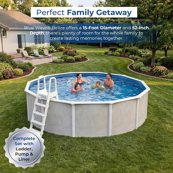Blue Wave Belize 15-ft Round 52-in Deep Hard Sided Steel Frame Above Ground Pool with 6-in Steel Top Seats, 0.5 HP Sand Filter System, Ladder, Skimmer & Liner – 5,130-Gallon Capacity for Family Use