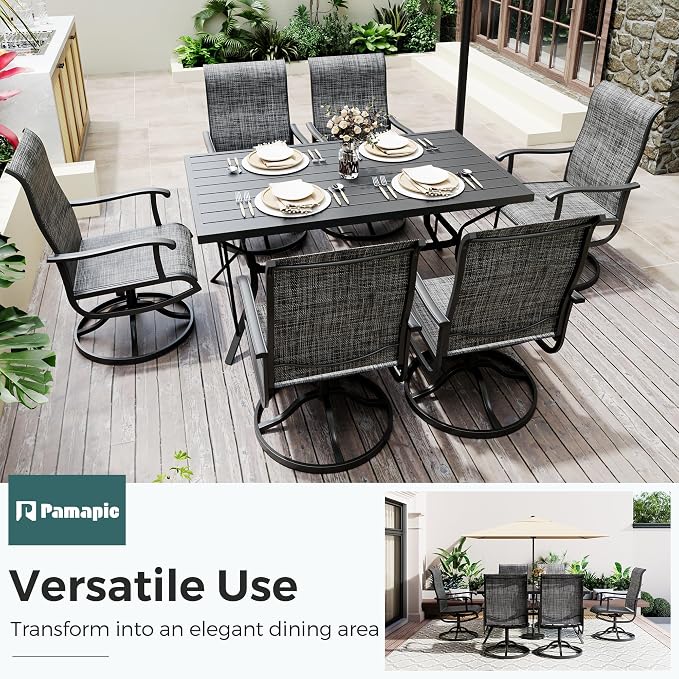 7-Piece Outdoor Dining Set, Patio Furniture Set with Textilene Swivel Chairs, Outdoor Table & 6 Chairs for Garden, Backyard, Poolside, Deck, Charcoal