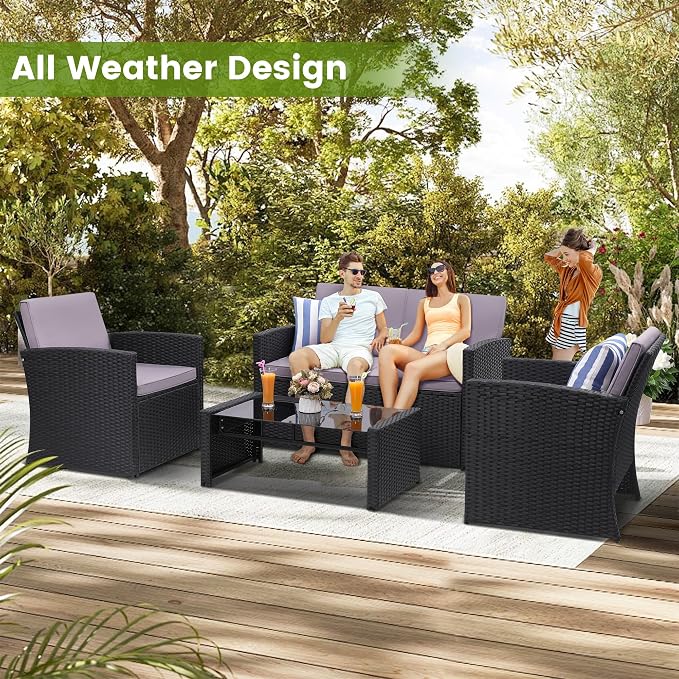 KROFEM 4-Piece Patio Furniture Set, Wicker Outdoor Rattan Sectional Sofa with Cushions and Glass Table, All-Weather Outdoor Conversation Set for Garden, Porch, Backyard, Patio, Black and Grey