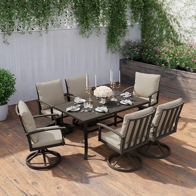 HAPPATIO 7 Piece Patio Swivel Dining Set, Aluminum Outdoor Dining Set for 6,Dining Table and Chairs Set, Patio Dining Furniture with Aluminum Table, Swivel Chairs and Washable Cushions (Black)