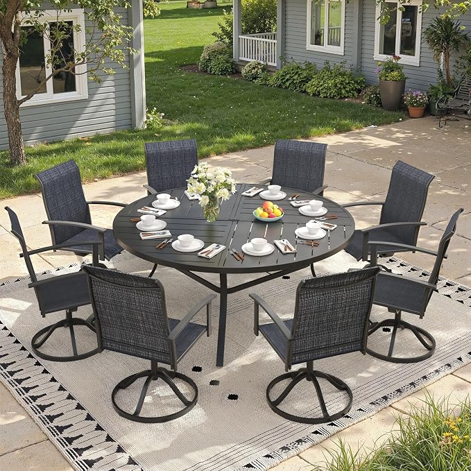 9 Pieces Round Outdoor Table and Chairs Set, Patio Dining Set with 60" Round Spliced Outdoor Table and Patio Swivel Chairs for Backyard Lawn Garden, Black Table and Black Chairs