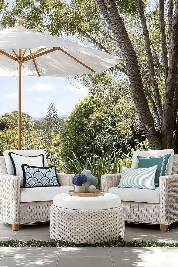 Hofdeco Premium Coastal Grandmillennial Patio Indoor Outdoor Lumbar Pillow Cover Only, 12"x20" Water Repellent for Backyard, Couch, Poolside, Celadon Green Navy Print Tropical Ravenala Palm Tree
