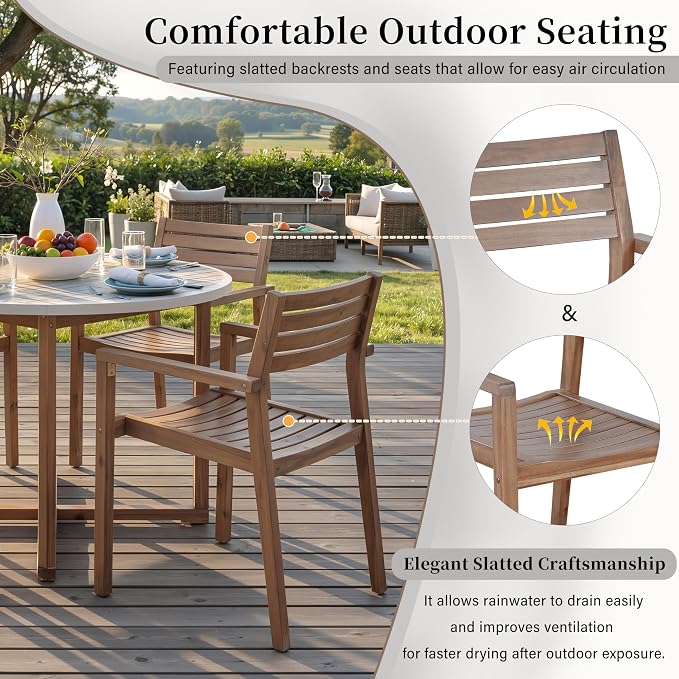 5 Pieces Outdoor Acacia Wood Dining Table Set with 47.2" L Slatted Round Table and 4 Chairs, Modern Patio Dinner Set with Cushions for Backyard, Lawn, Garden, Poolside or Indoor, Light Gray