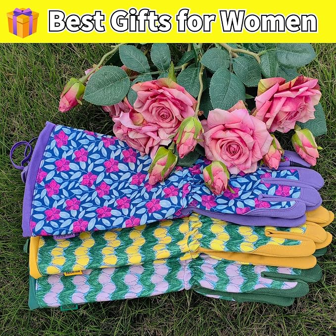Thornproof Rose&Cactus Gardening Gloves,Gauntlet Garden Glove,Gifts | Canvas,Cute Floral Pattern,Leather Palm,Touchscreen,Durable Material,Garden Gift,Men&Women,Machine Washable,Adjustable Cuff
