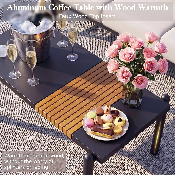 Aluminum Patio Furniture Set, 5 Seats Outdoor Patio Furniture with Coffee Table, Outdoor Wicker Conversation Sets with Cushion for Backyard, Balcony,Porch,Light Grey