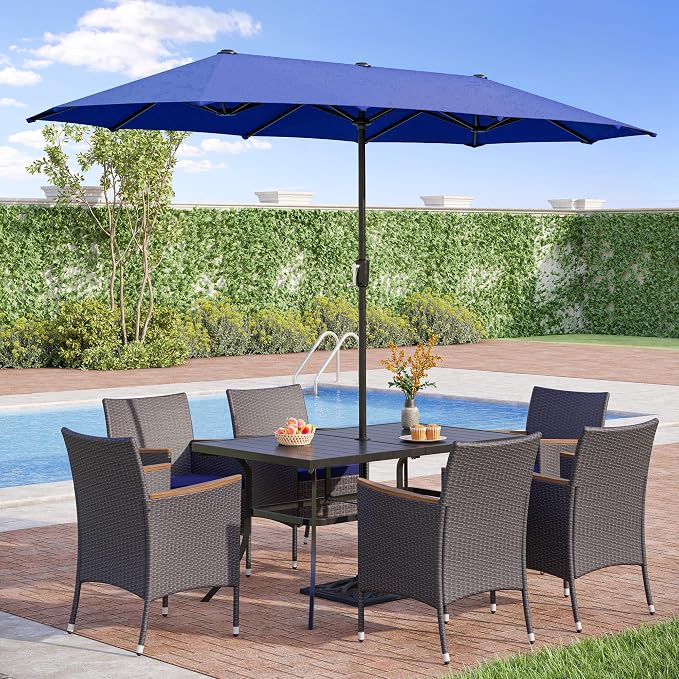 PHI VILLA 7pc Patio Dining Set w/Umbrella, Rectangular Table, Rattan Chairs | Outdoor Dining Set for 6, 60" Metal Table & 6 Cushioned Rattan Chairs with Navy Blue Umbrella for Outdoor, Deck, Yard, Porch