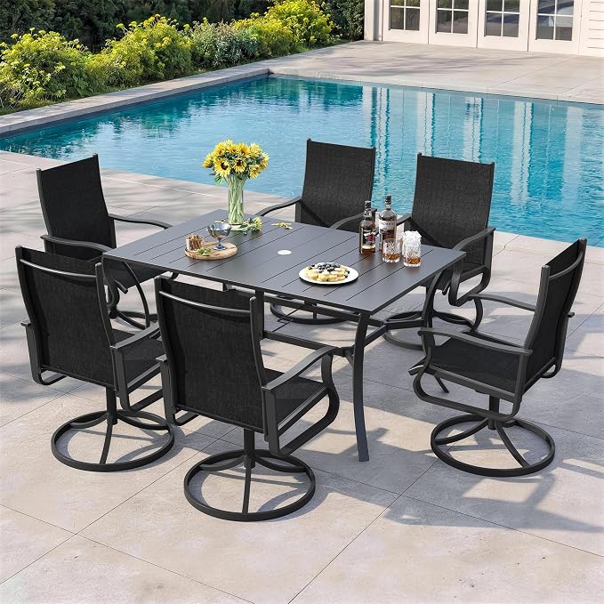 7 Pieces Patio Dining Set, Patio Outdoor Furniture Set of 6 Patio Swivel Dining Chairs and Patio Spliced Rectangular Tabletop with Umbrella Hole, for Deck, Backyard, Poolside & Garden
