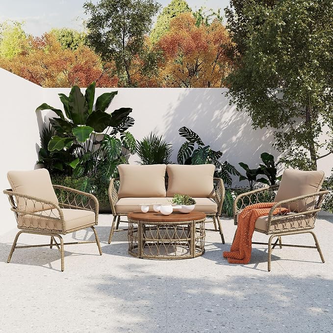 LUMISOL 4 Piece Patio Furniture Set, Outdoor Seating Group with Removable Cushions and a Coffee Table with Wooden Table Top, All Weather Patio Conversation Set for 4 Persons, Beige
